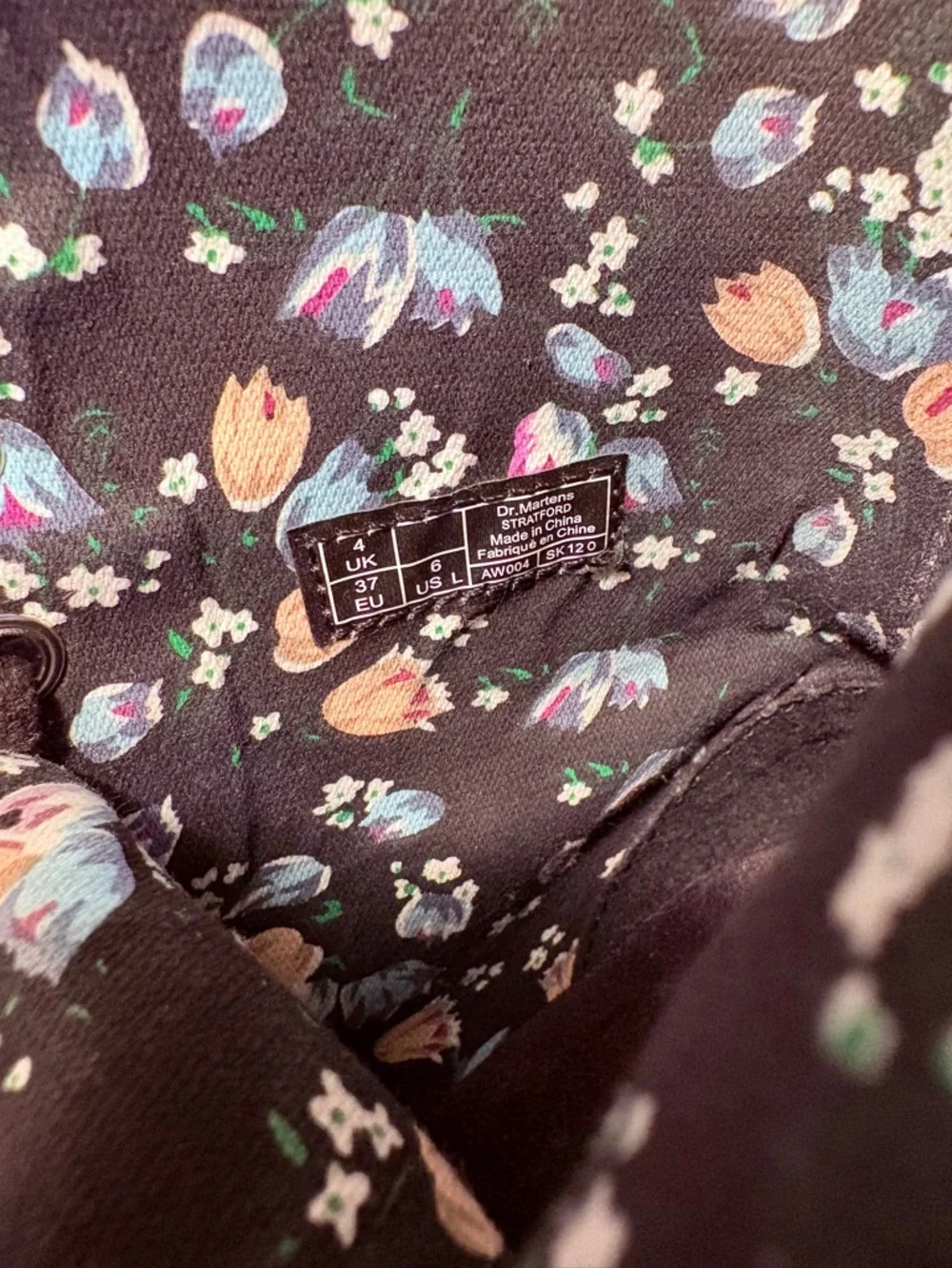 Dr. Martens Black Leather Combat Boots with Floral Lining - Picture 7 of 8